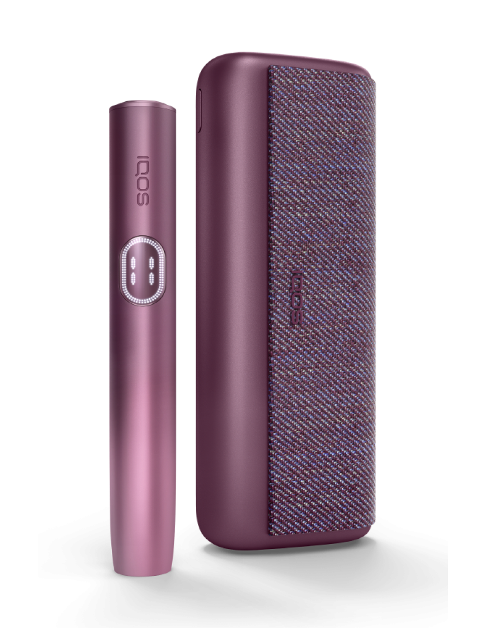Η συσκευή IQOS ILUMA i PRIME σε χρώμα Garnet Red και ο φορτιστής της